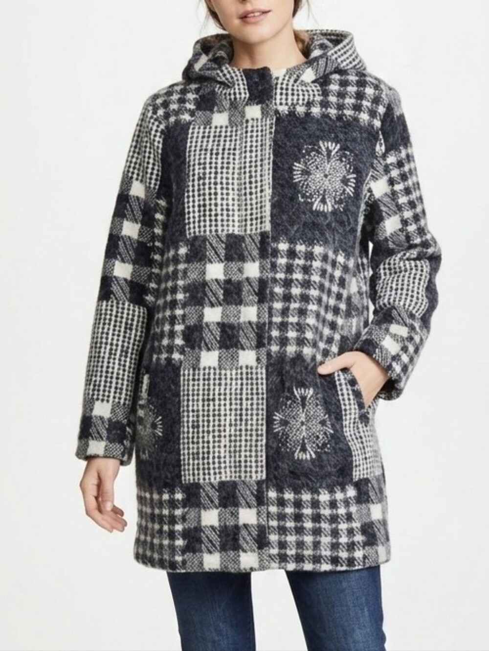 Elena Wang Gingham Patchwork Pattern Wool Blend Coat